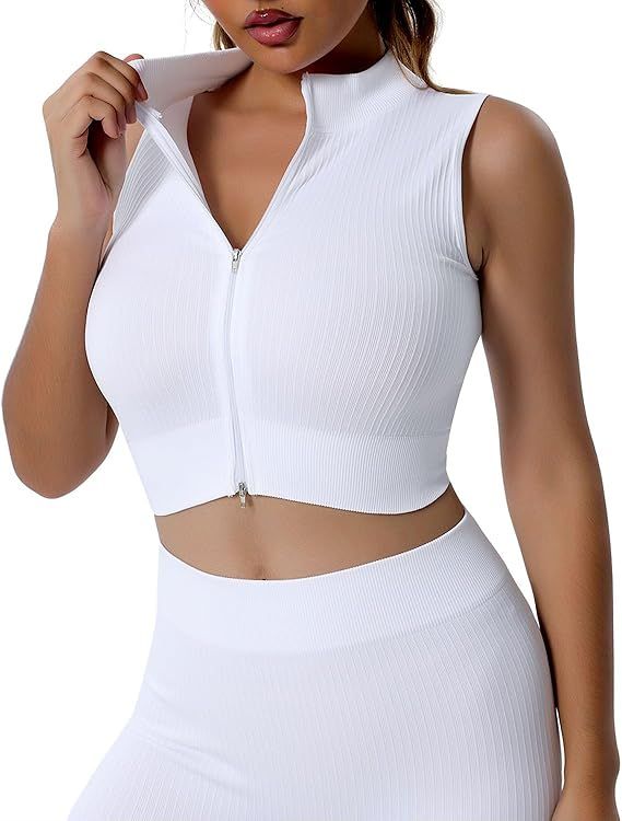 Women’s Zip Up Workout Yoga Tank Top Sleeveless Slim Fit Athletic Jacket | Amazon (US)