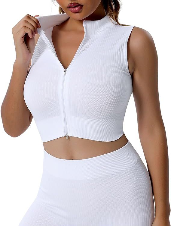 Women’s Zip Up Workout Yoga Tank Top Sleeveless Slim Fit Athletic Jacket | Amazon (US)