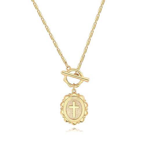 POTESSA 18K Gold Plated Cross Necklace Vintage Coin Pendant Neck Chain Handmade Jewelry for Women | Amazon (US)
