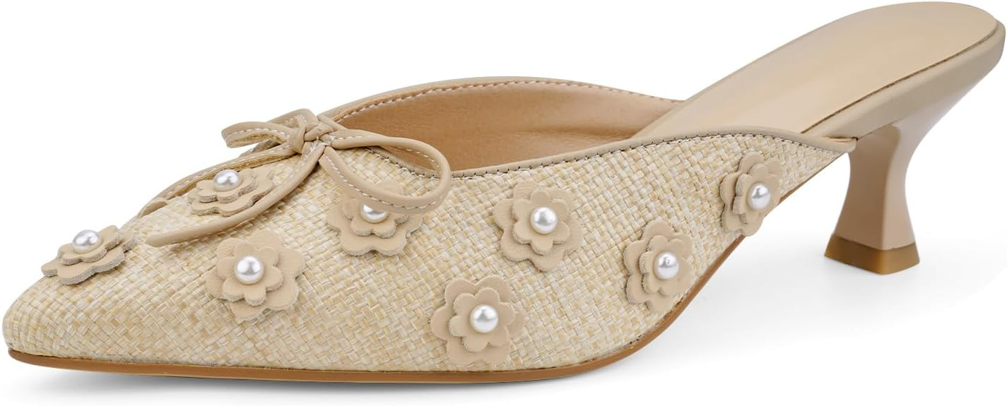 Women Kitten Heel Mules Crystal Flower Decor Mesh Pointed Toe Low Heel Casual Pumps | Amazon (US)