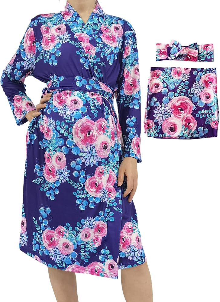 SUFEINI Maternity Robe with Matching Swaddle Set, Mommy Me Swaddle Set Maternity Bathrobe Labor N... | Amazon (US)