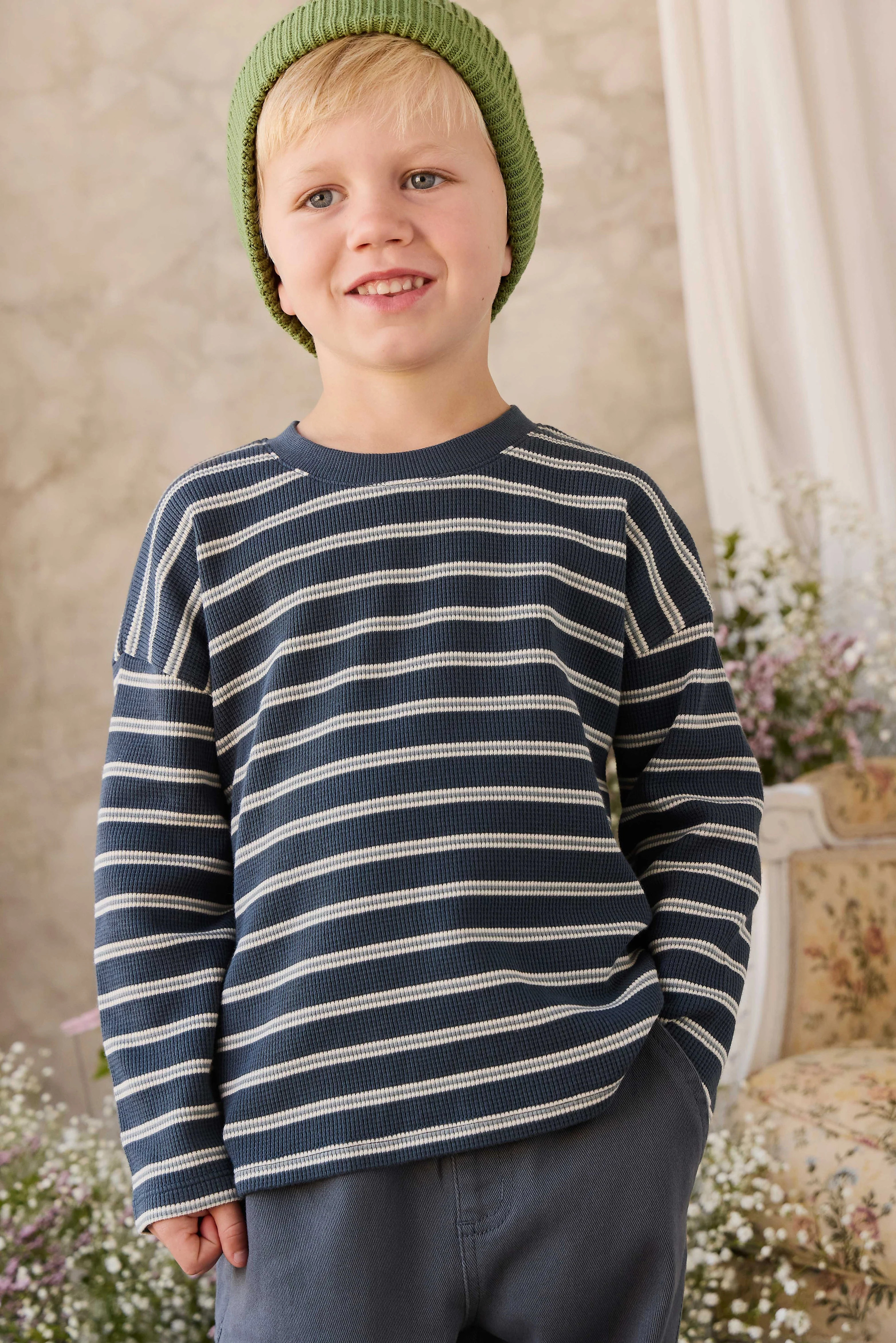 Organic Cotton Waffle Leith Long Sleeve Top - Dreamer Stripe Captain | Jamie Kay