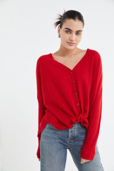 Out From Under Jojo Oversized Thermal Button-Front Top - Red S at Urban Outfitters | Urban Outfitters (US and RoW)