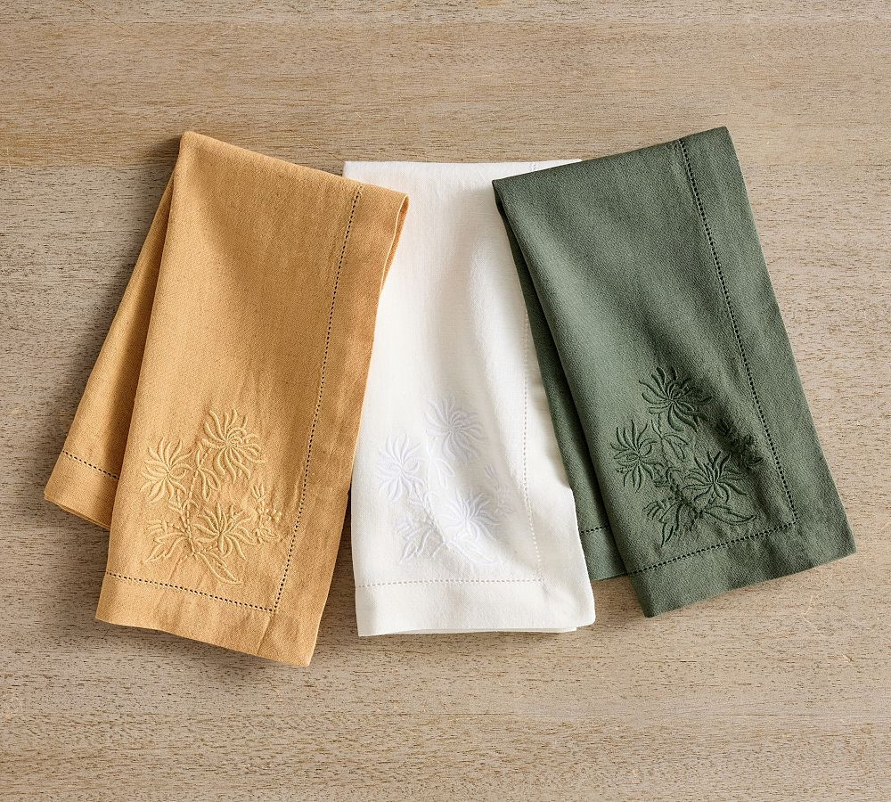 Monochrome Embroidered Floral Cotton/Linen Napkins - Set of 4 | Pottery Barn (US)