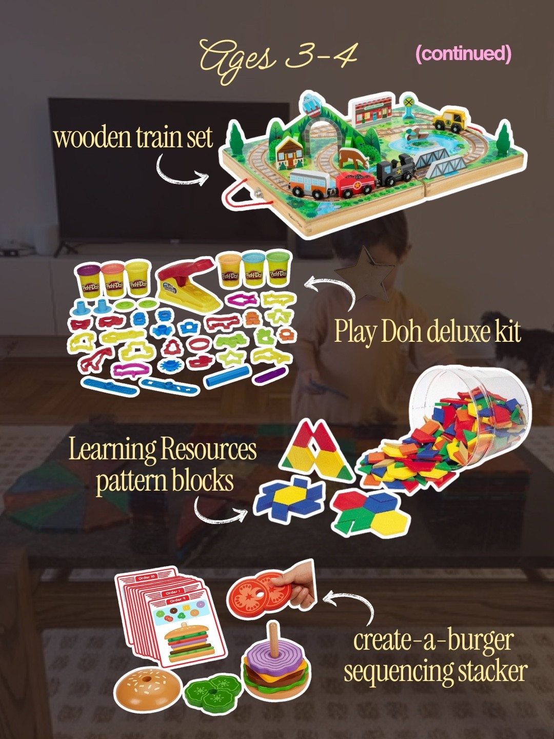 Ages 3–4 (continued) wooden train set · Play Doh deluxe kit · Learning Resources pattern blocks · create-a-burger sequencing stacker

#LTKmomlife #LTKBaby #LTKKids