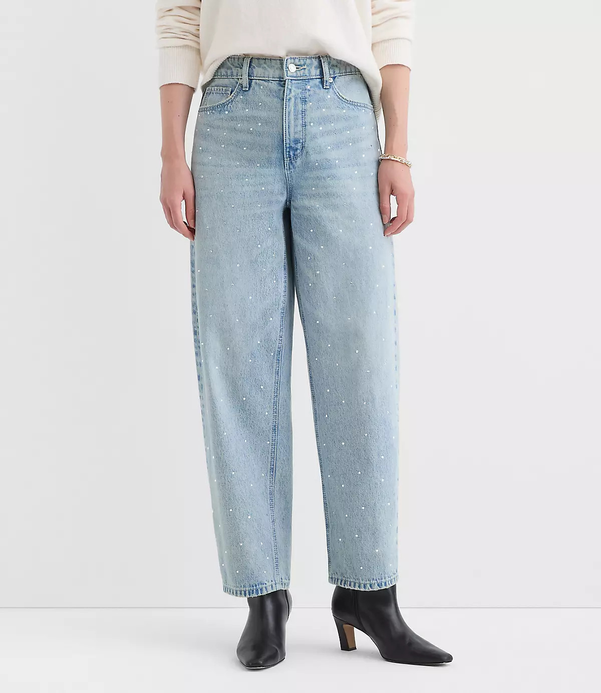 Sparkle Embellished High Rise Barrel Jeans in Vintage Light Indigo Wash | LOFT