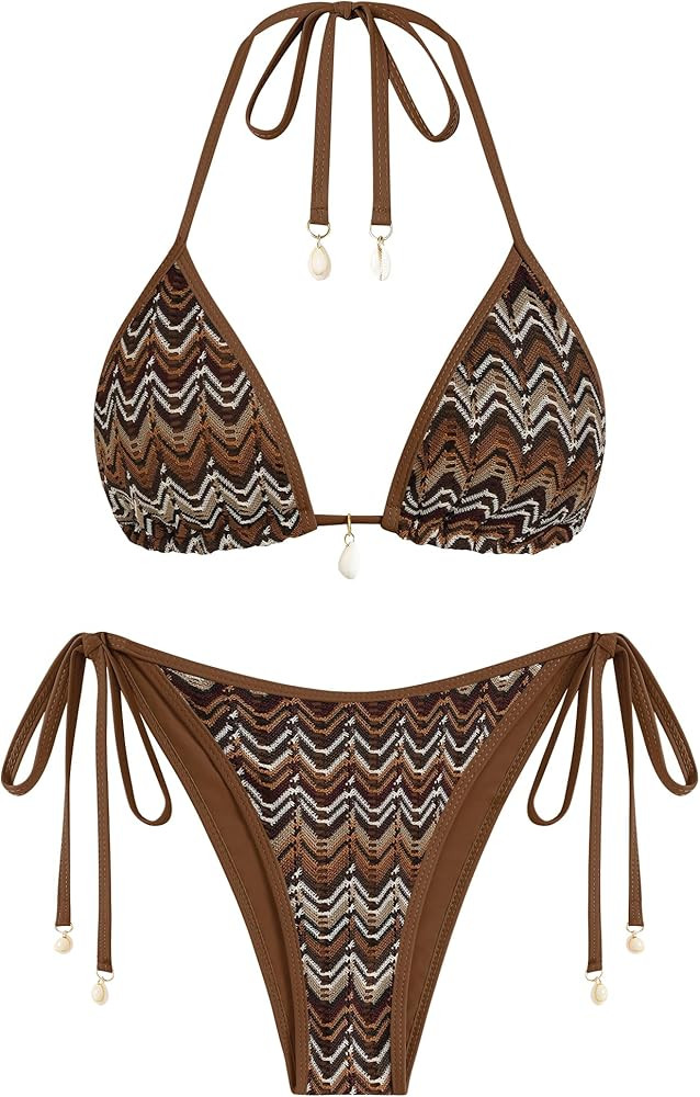 ZAFUL Women's Colorblock Stripes Triangle Halter Tied Cheeky Thong Bikini Set High Cut Two Piece ... | Amazon (US)