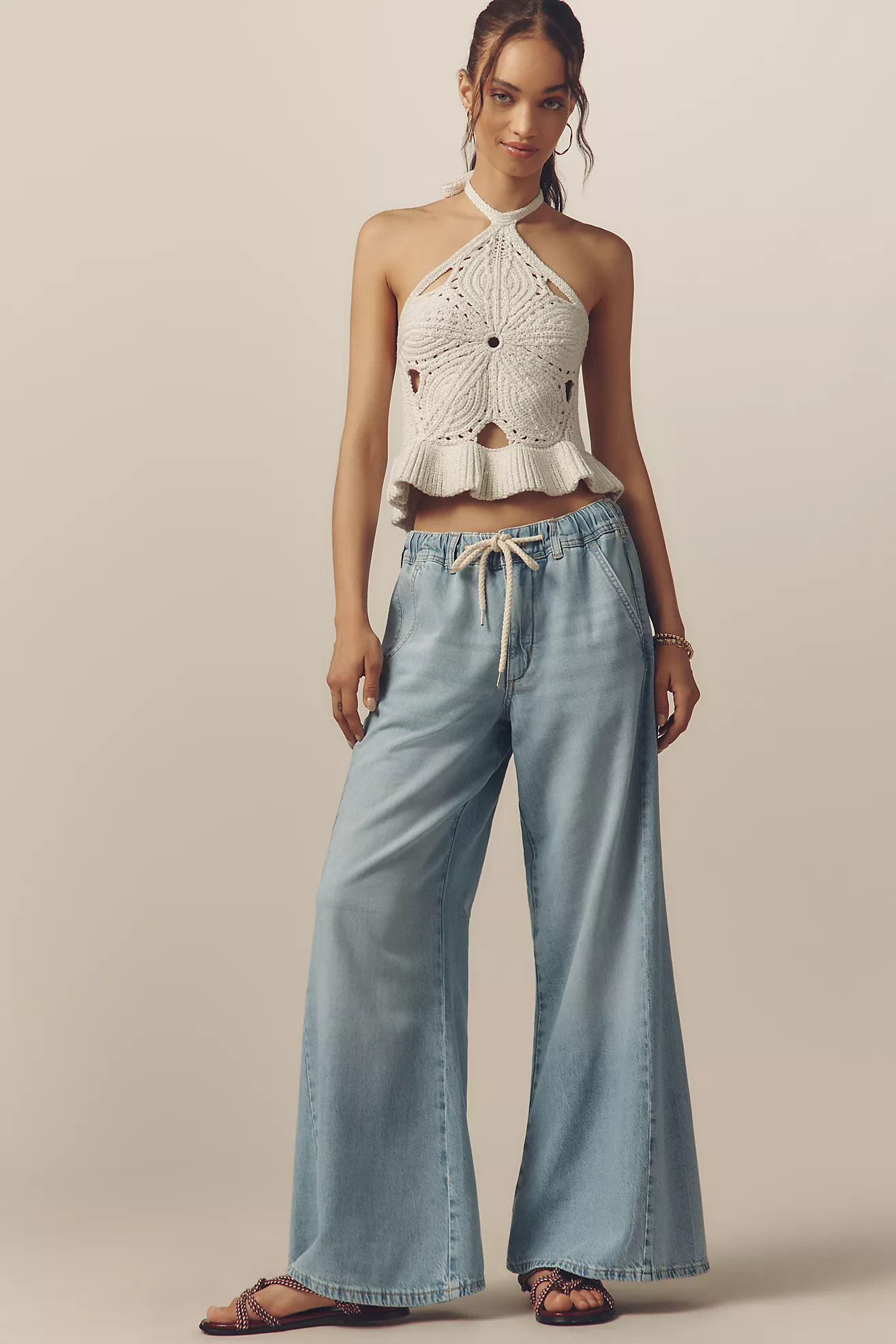 The Adi Mid-Rise Frayed Relaxed Flare Jeans by Pilcro: Pull-On Edition | Anthropologie (US)
