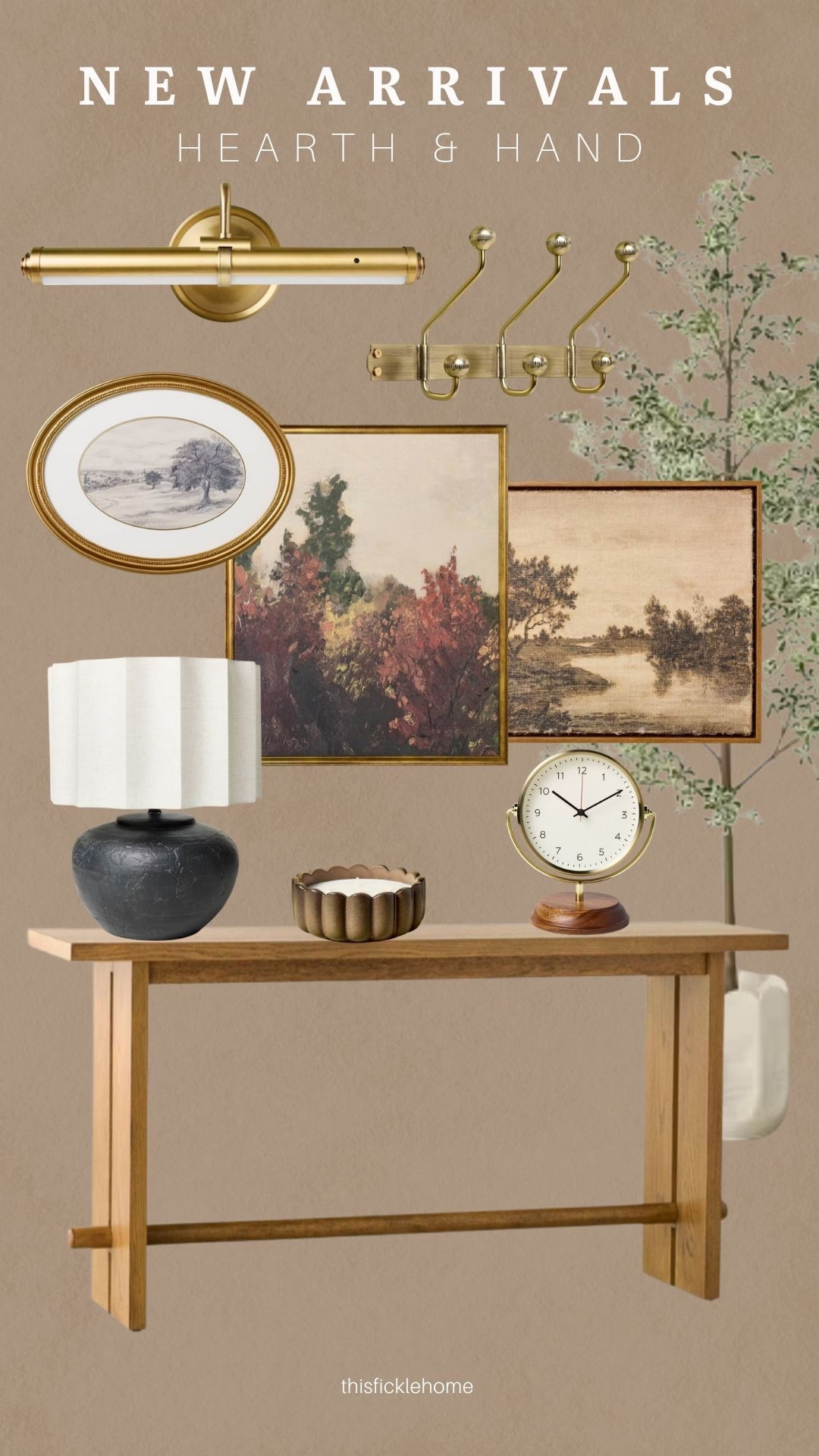Fall entryway styling with items from the Hearth & Hand collection at Target!

Light wood console table. Faux shady lady tree. Black ceramic table lamp with fluted lampshade. Brass gallery light. Brass wall hook. Brass table clock with wood base. Fall wall art. 

#LTKHome #LTKSeasonal