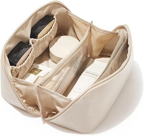 Travel Makeup Bag,Large Capacity Cosmetic Bags for Women,Waterproof Portable Pouch Open Flat Toil... | Amazon (US)