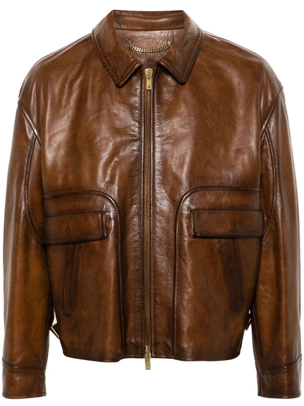 Golden Goose Men's Zip Up Leather Jacket in Brown | Size 50 | GMP01886P001672 | LOZURI