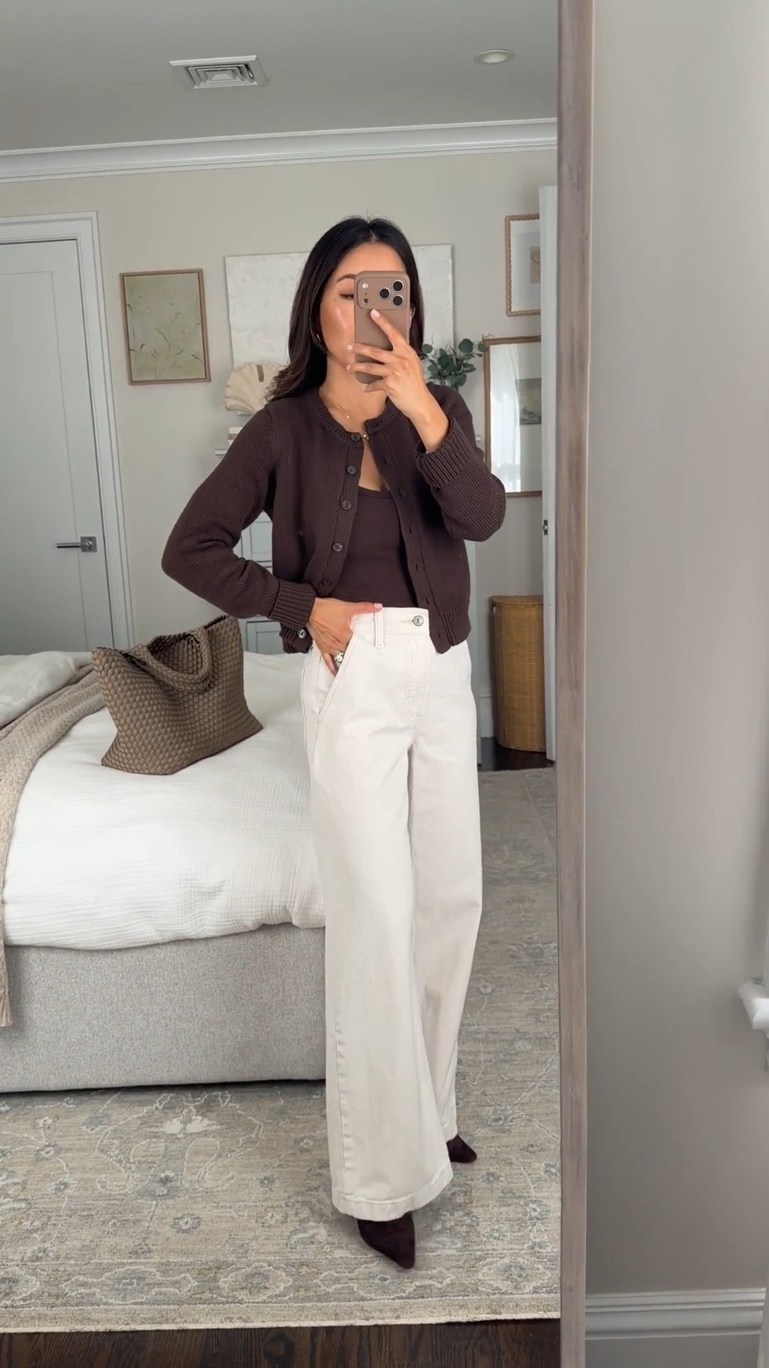 Code AFLTK for extra 20% off! Size info below
• High Rise Wide Leg Trouser Jean 24 Short, runs looser relaxed fit. The blue version also comes in extra short! 
• Cotton Shrunken Crew Cardigan XXS with sleeves folded up 
• Bra-Free Rib Neck Tank XXS 
• Sam Edelman kitten heels 5.5 
• Naghedi medium tote in Cashmere 

Smart casual work wear office outfit, petite friendly denim, off white jeans, fall sweater

#LTKPetite #LTKSeasonal #LTKootd