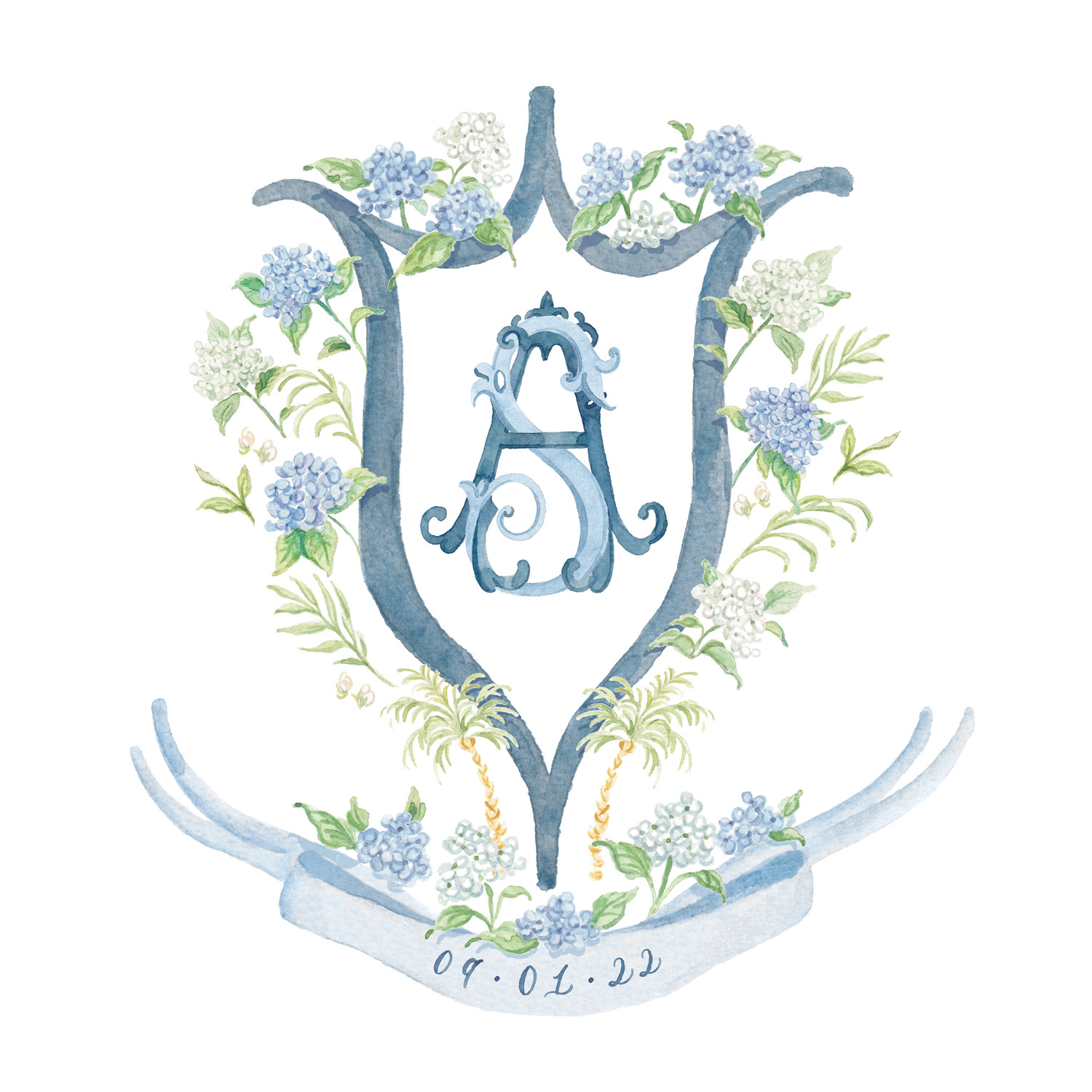 Coastal Hydrangeas Personalized Watercolor Crest — Simply Jessica Marie | Simply Jessica Marie