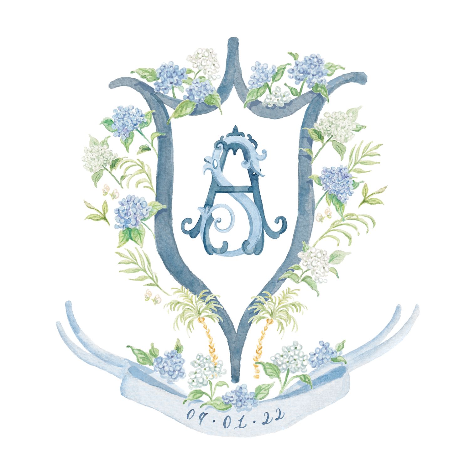 Coastal Hydrangeas Personalized Watercolor Crest — Simply Jessica Marie | Simply Jessica Marie