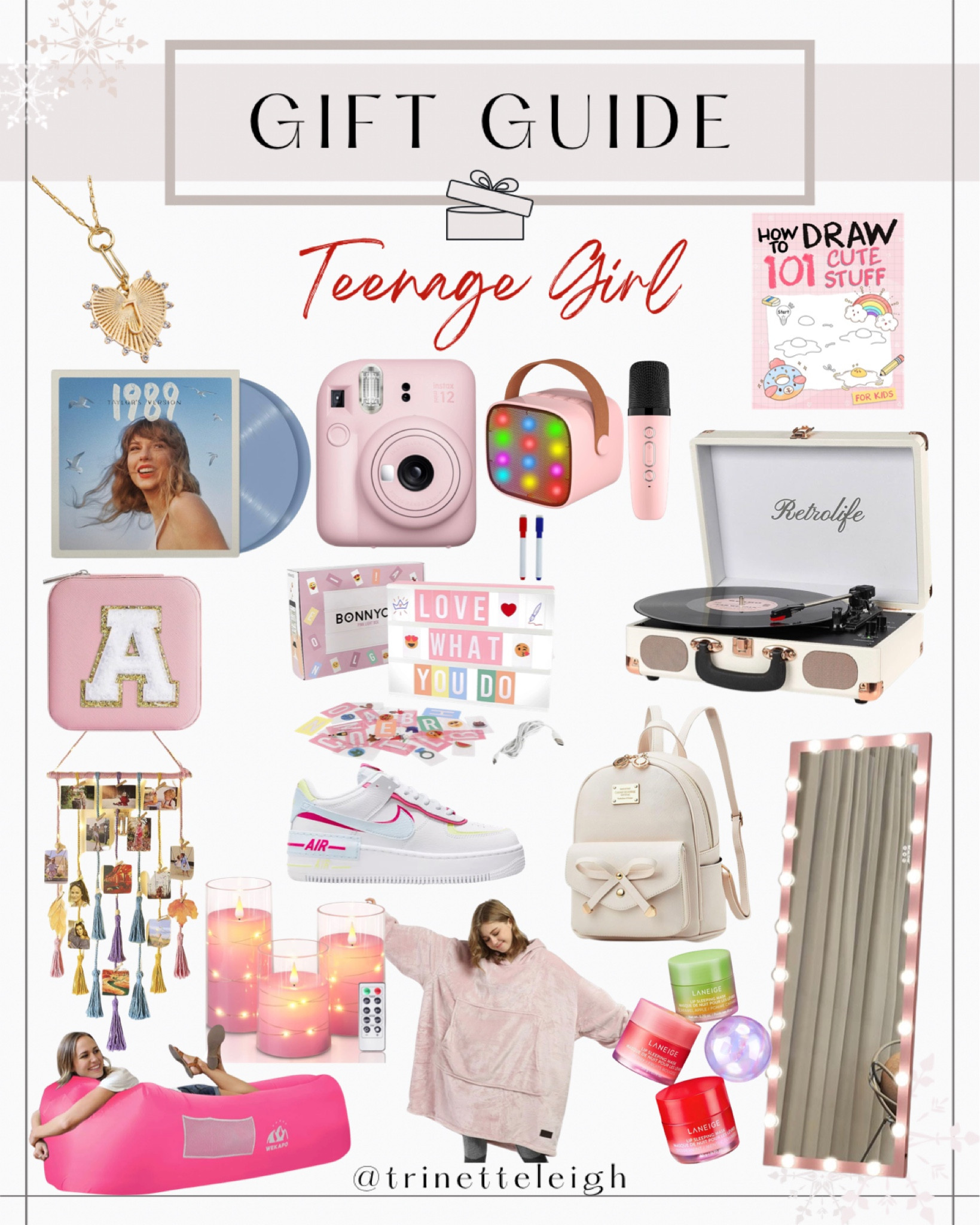 Gift Guide for Teenage Girls. Monogram pendant necklace. Digital camera. Karaoke machine. How to draw book. Vinyl record player. Taylor Swift vinyl. Light up sign. Nike shoes. Tan bookbag. Pink light up full length mirror. Pink fuzzy oversize sweater hoodie. Lip mask set. Customized makeup bag. Light up photo wall decor. Light up candles. Inflatable couch.

#LTKSeasonal #LTKGiftGuide #LTKHoliday