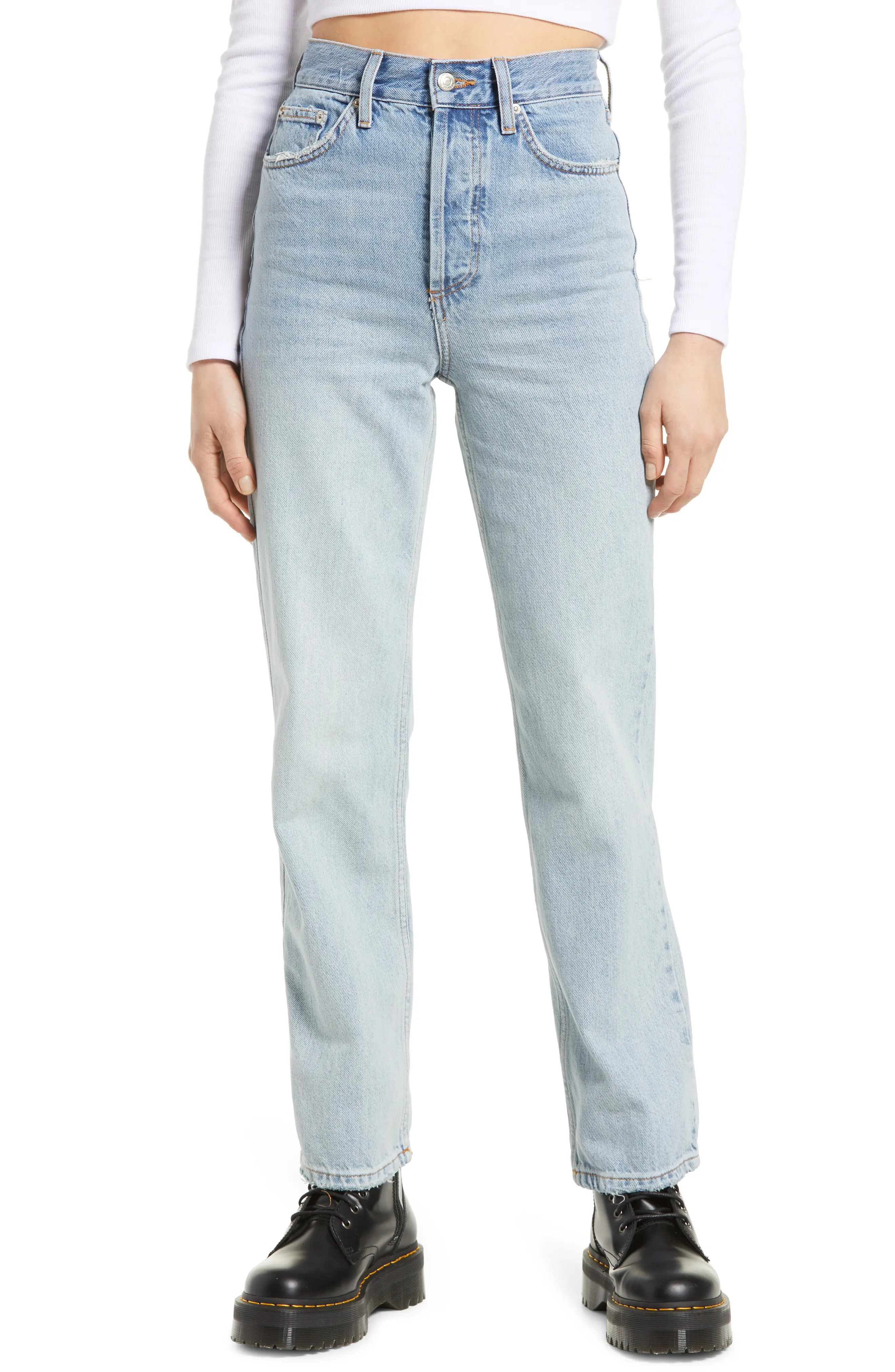 Women's Topshop Considered Kort Back Rip Straight Leg Jeans, Size 32 - Blue | Nordstrom