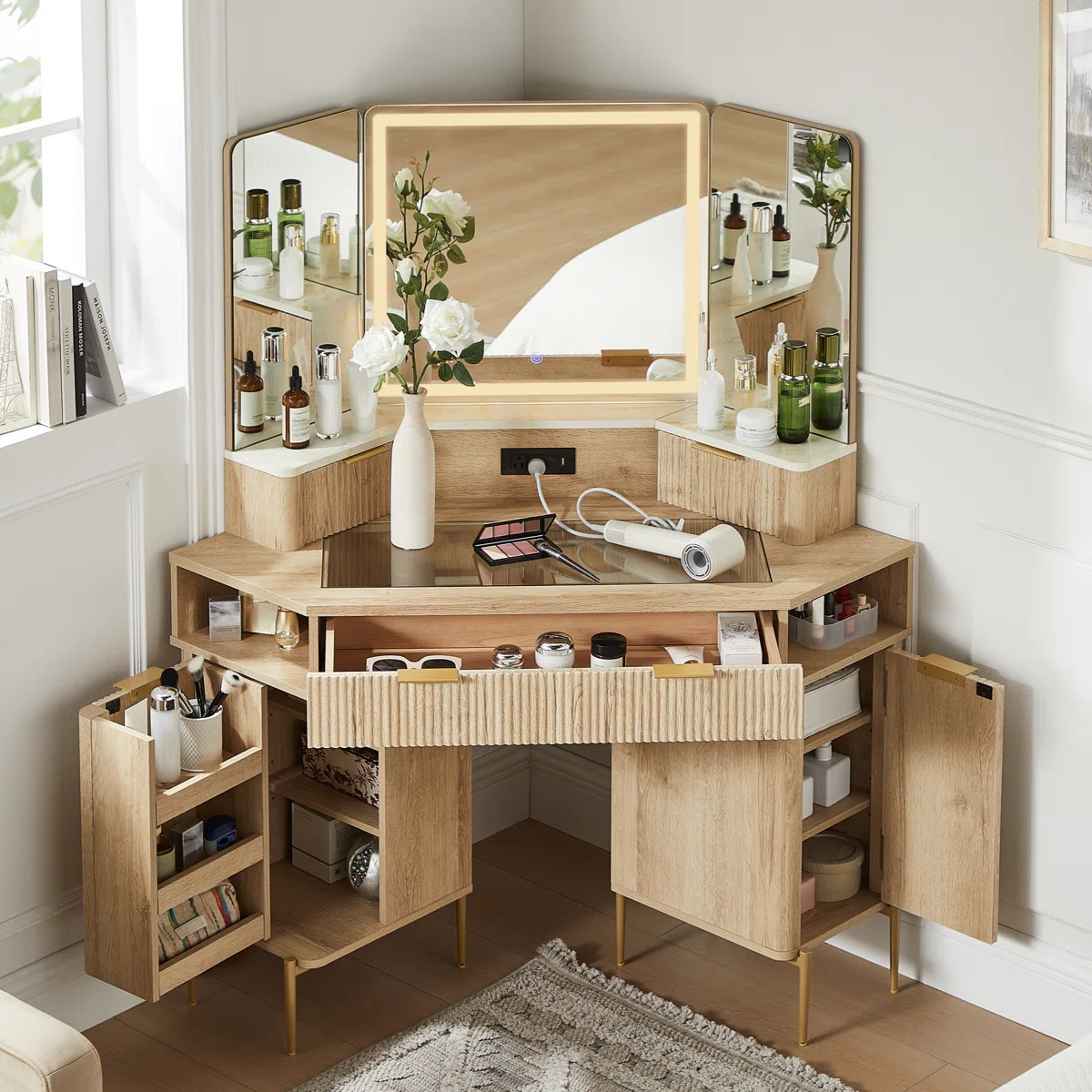 48" Corner Makeup Vanity With 3 Led Mirror | Wayfair North America