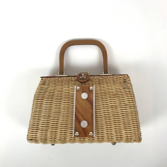 Vintage Top Handle Tan Lucite Wicker Basket Bag with Mother of Pearl, Turnlock Closure | Etsy (US)