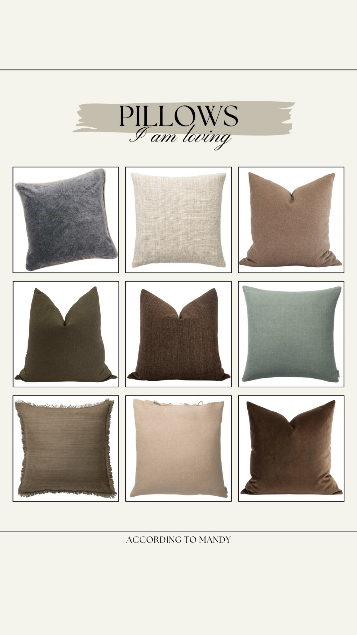 Pillows I am loving! 

Loving muted colors and neutral for spring! 

velvet pillow, etsy pillows, pillow covers, magnolia home, lulu & georgia, mcgee & co, living room pillows, neutral pillows, neutrals for spring

#LTKhome