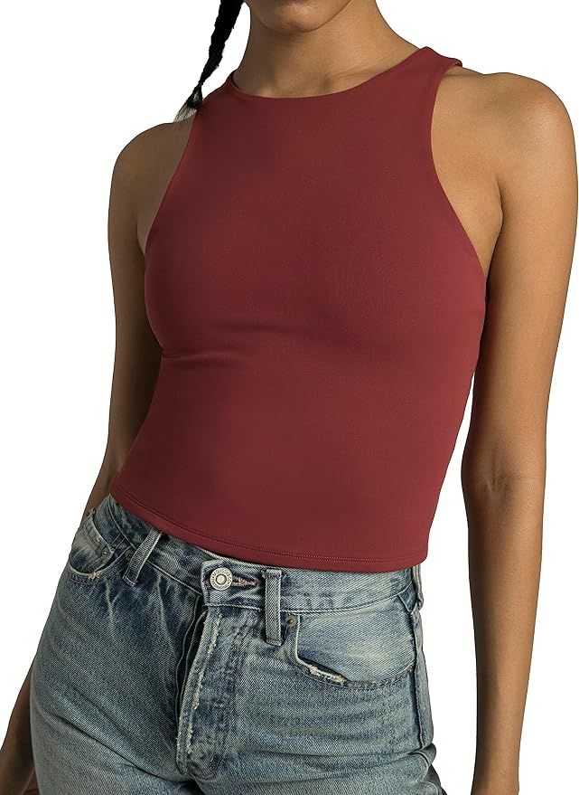 Colorfulkoala Women's High Neck Tank Tops Body Contour Sleeveless Crop Double Lined Yoga Shirts | Amazon (US)