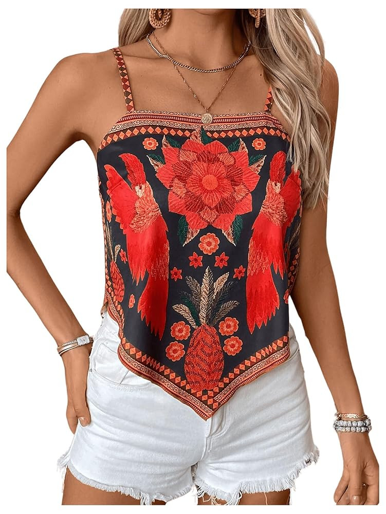 Milumia Women's Boho Floral Hanky Hem Cami Top Vintage Spaghetti Strap Bandana Tops | Amazon (US)