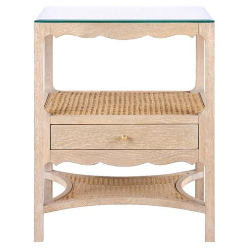 Villa & House Arianna French Sand Oak Glass Top Cane 1 Drawer Nightstand | Kathy Kuo Home