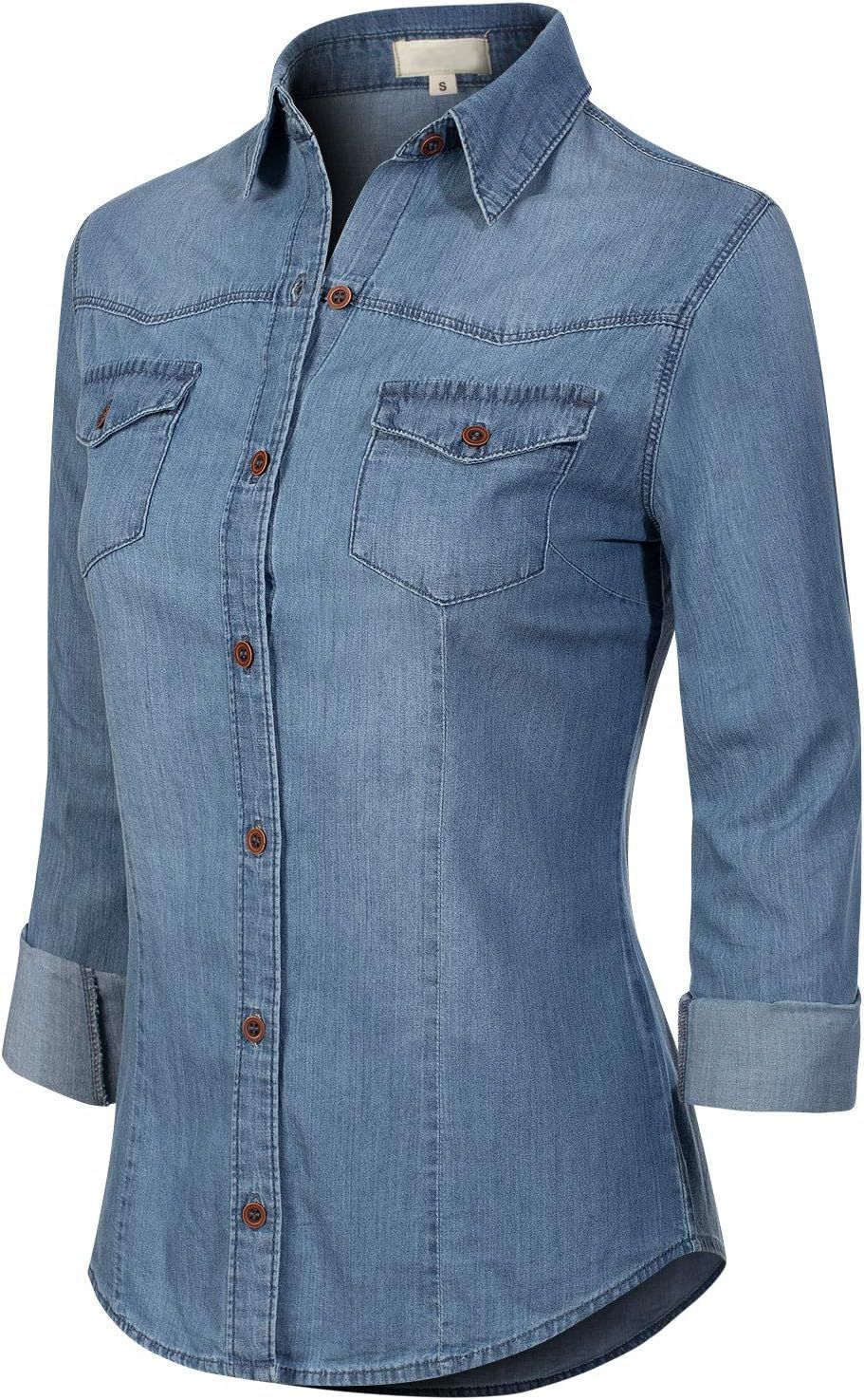 Design by Olivia Women's Roll up Sleeve Button Down Chambray Denim Shirt | Amazon (US)