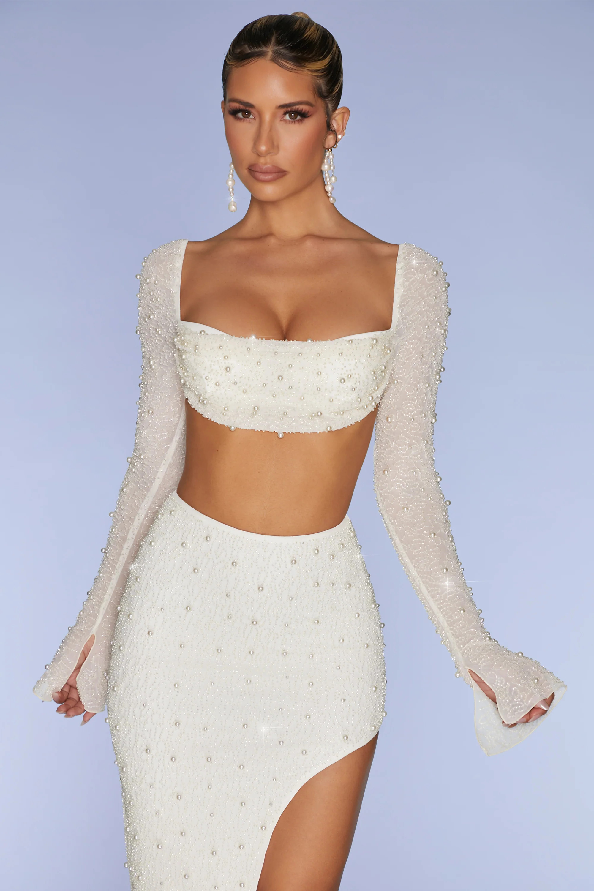 Embellished Cowl Neck Crop Top in Ivory | Oh Polly
