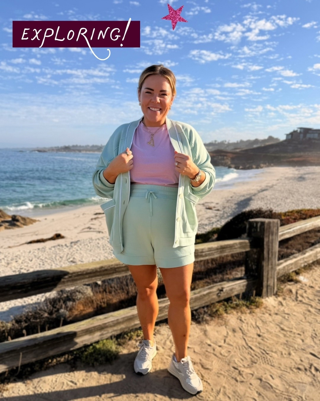 Exploring Carmel-by-the-Sea in the cutest casual set! 🌊💚 I’m loving this soft mint green paired with a pop of pink for a fun, sporty look. The matching cardigan and shorts make it so easy to feel comfortable while still looking cute for a day of sightseeing!

#LTKDayInMyLife #LTKOOTD #LTKSeasonal