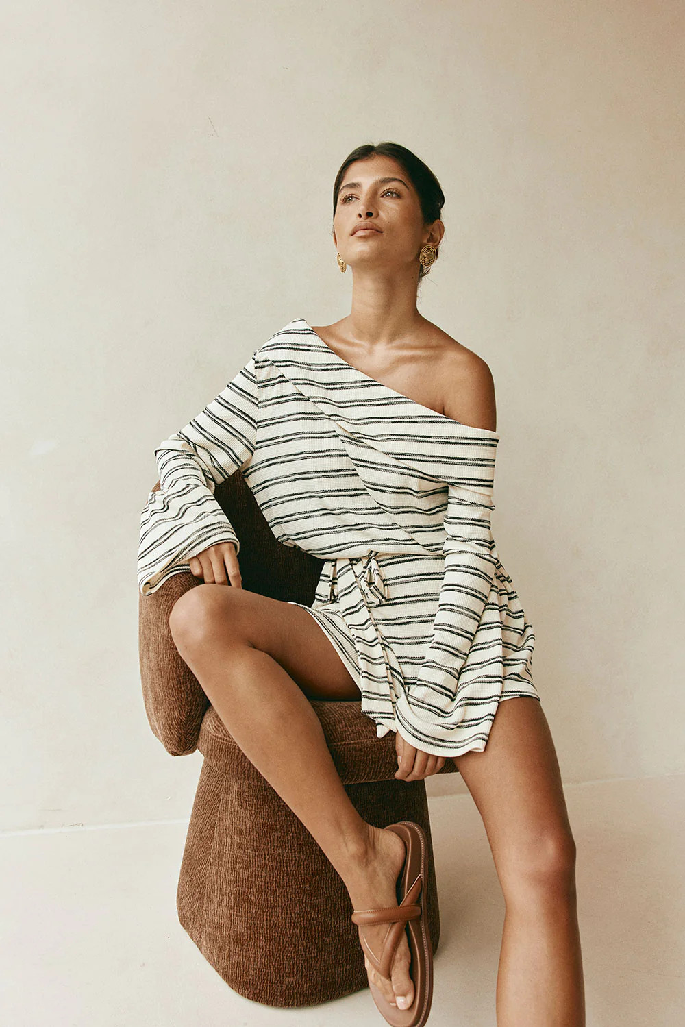 Cabana Off Shoulder Long Sleeve Mini Dress - Cream, Black Stripe | Sabo Skirt US