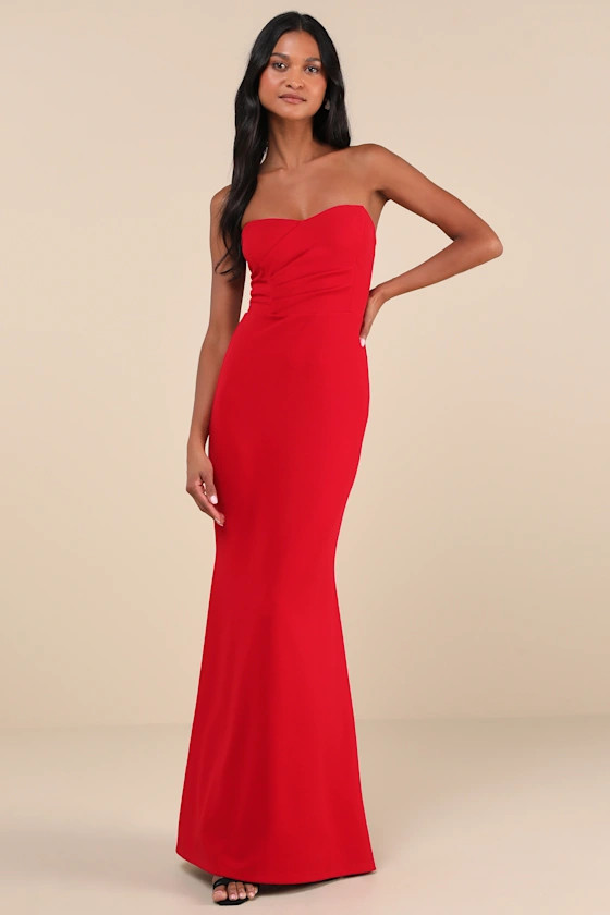 Iconic Arrival Red Strapless Bustier Mermaid Maxi Dress | Lulus
