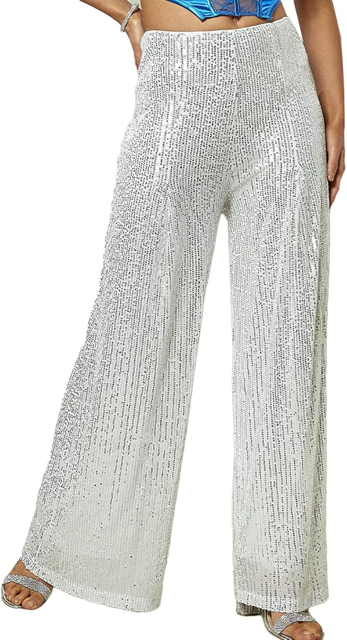 Shiyifa Women's Casual Sequin Pants Elastic High Waist Wide Leg Shiny Pants | Amazon (US)