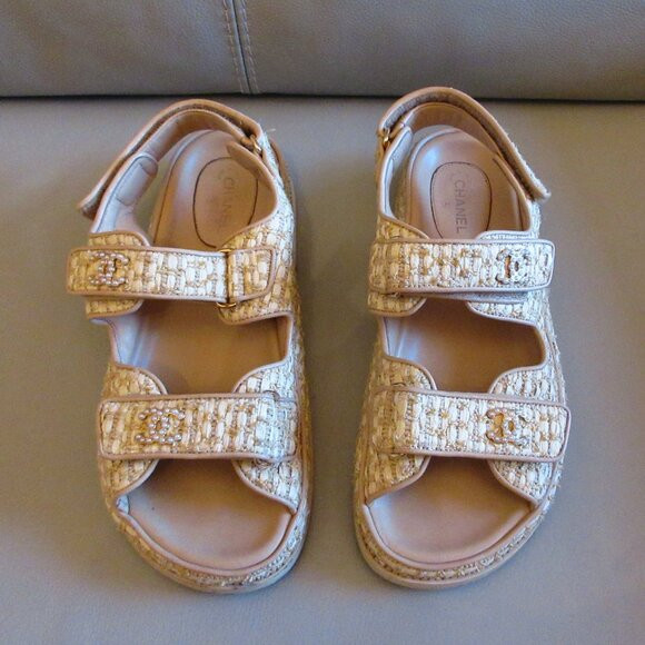 Chanel Tweed/Straw/Rattan Dad Sandals | Poshmark