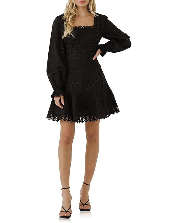 endless rose Women's Square Neckline Lace Trim Dress Black | Amazon (US)