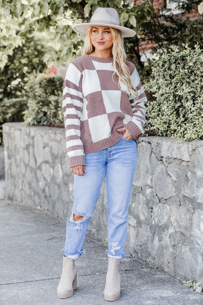 Take Responsibility Brown Chenille Checkered And Striped Sweater | Pink Lily