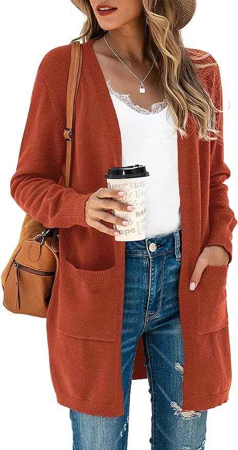 TASAMO Women's Long Sleeve Pocket Solid Color Knit Ribbed Neckline Cardigans (Small,Rust Red) at ... | Amazon (US)
