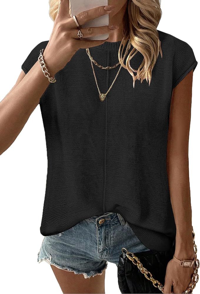 Zeagoo Women's Cap Sleeve Sweater Vest Crew Neck Sleeveless Casual Knit Tops 2024 Summer Clothes ... | Amazon (US)