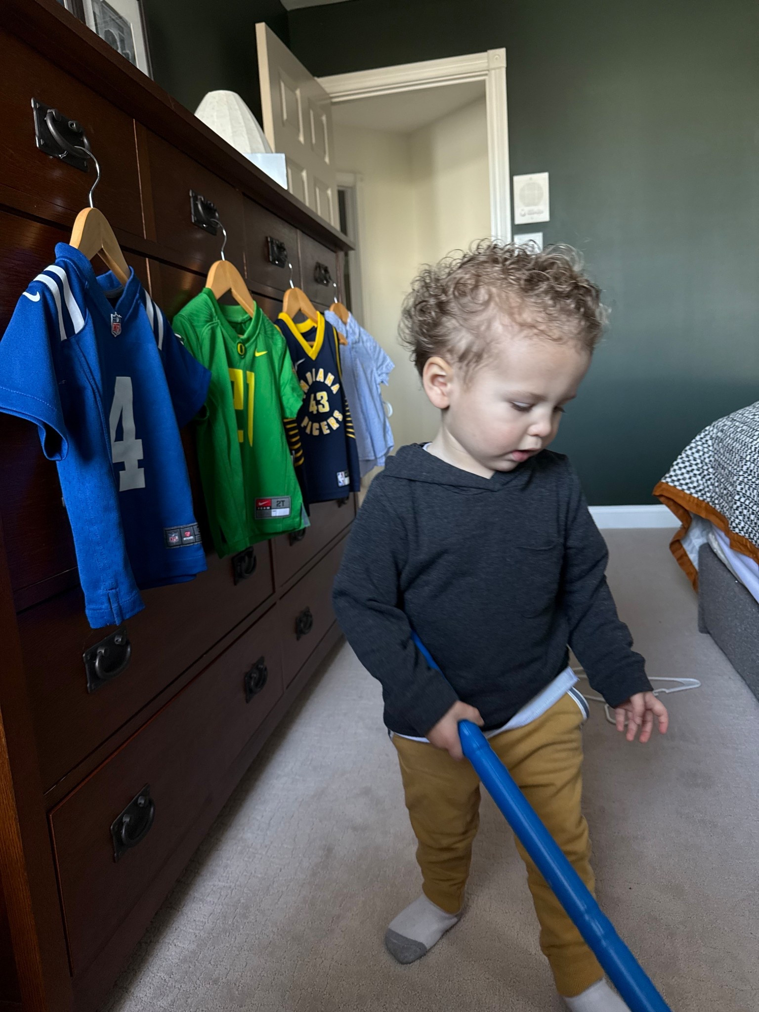 I think he’s going to be a jersey guy like his daddy. Loves to hang them all
Up 

#LTKKids