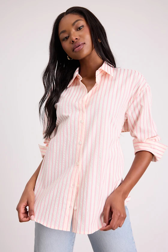 Logan Ivory and Pink Striped Cutout Button-Up Long Sleeve Top | Lulus