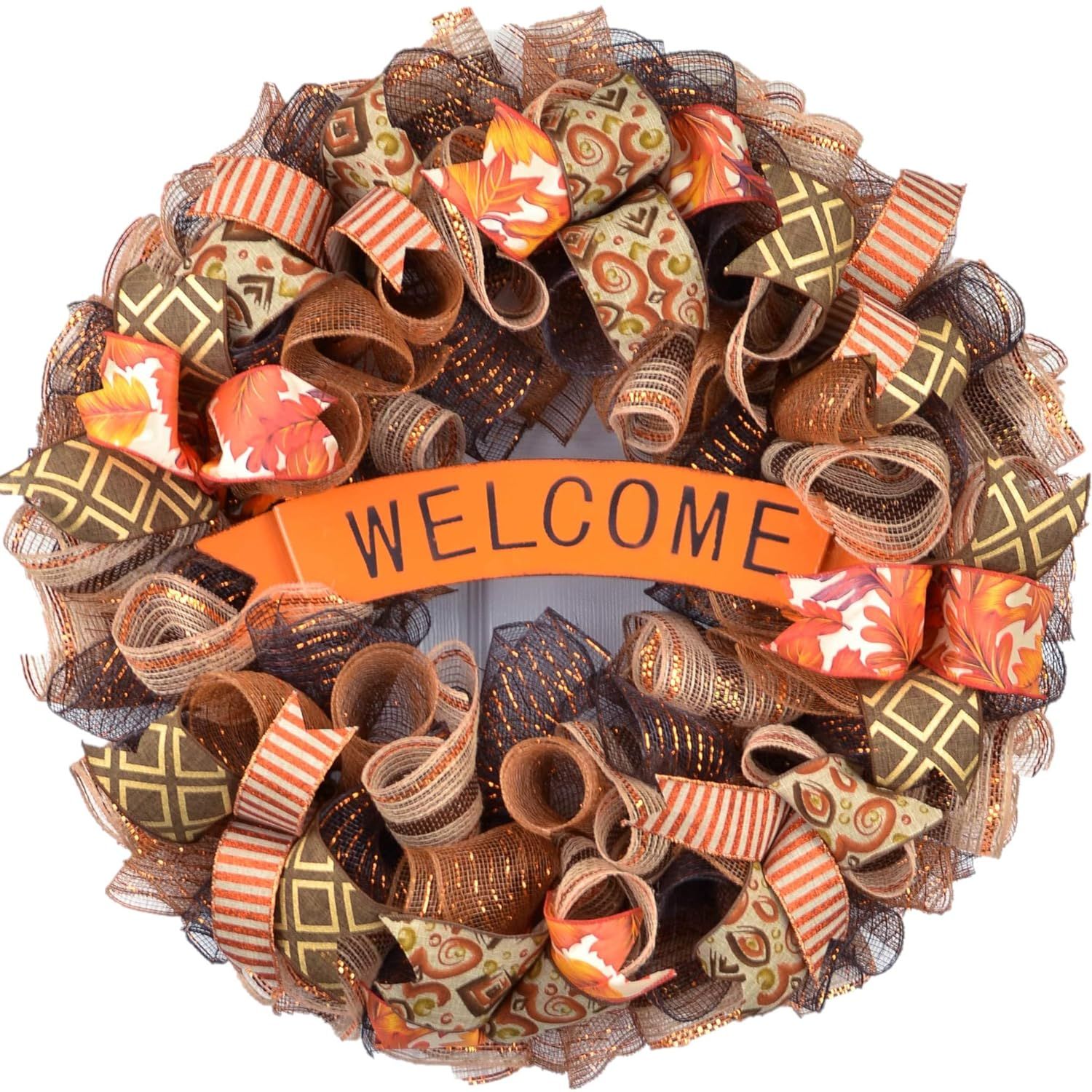 Amazon.com: Welcome Fall Thanksgiving Wreath - Happy Autumn Front Door Wreath - Brown Orange Burl... | Amazon (US)