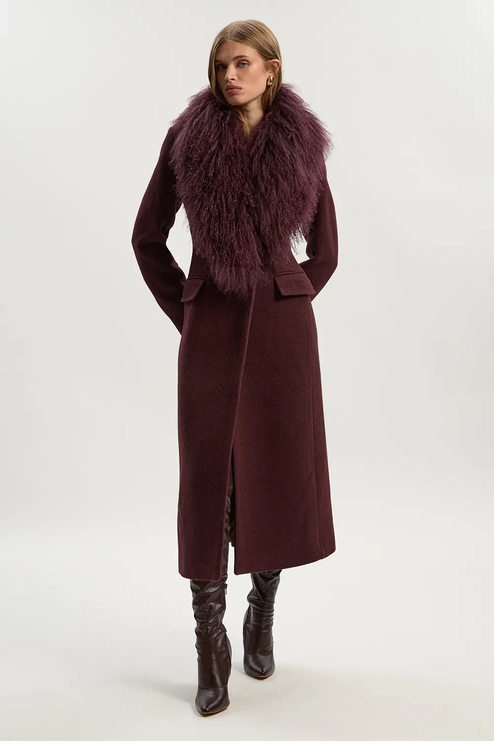 Wool Detachable Collar Tailored Double Breasted Midi Coat | Karen Millen UK + IE + DE + NL