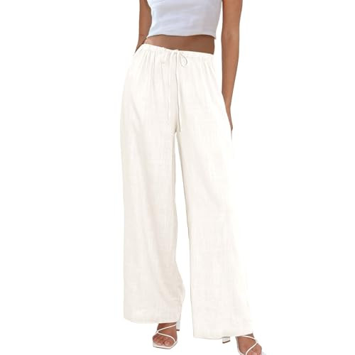 Duyang Womens Cotton Linen Palazzo Pants Drawstring Elastic Waist Casual Wide Leg Trousers with Pockets(Apricot,M) | Amazon (US)