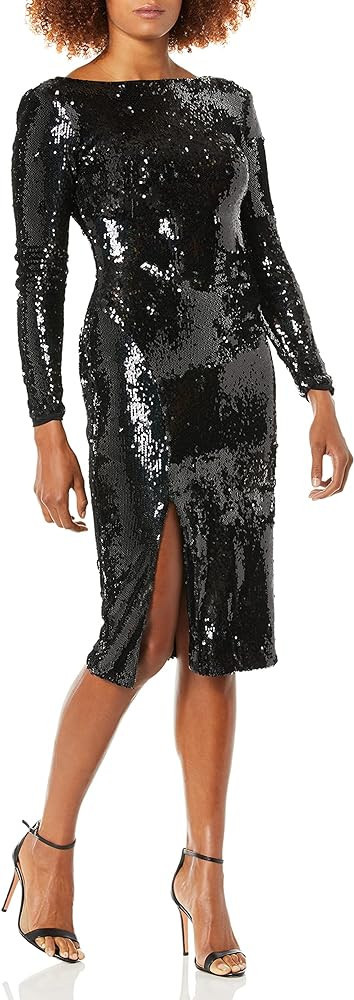 Dress the Population Women's Natalie Long Sleeve Stretch Sequin Midi Sheath Dress, Black Pearl, s | Amazon (US)