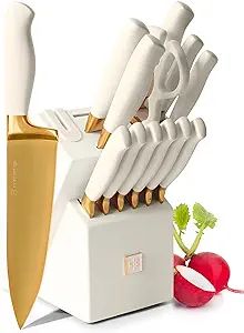 Gold Knife Set with Block Self Sharpening - 14 PC Luxurious Titanium Coated Gold and Off-White Ki... | Amazon (US)