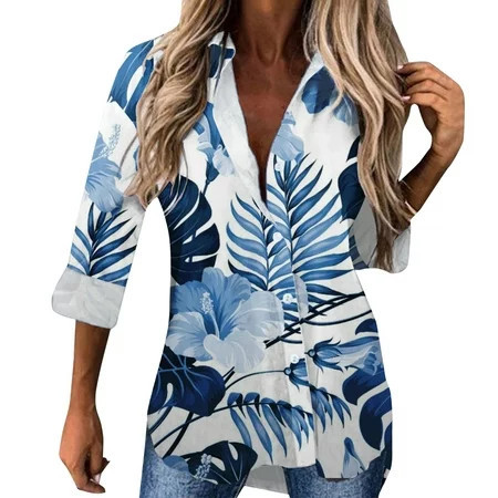 Womens Blouses Casual Spring Summer Long Sleeve Lapel Floral Print Smock Activewear | Walmart (US)