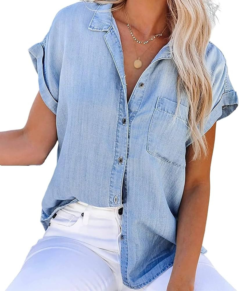 NLAVW Womens Summer Button Down Denim Shirt Short Sleeve Casual Shirts Tops Loose Fit Jean Jacket... | Amazon (US)