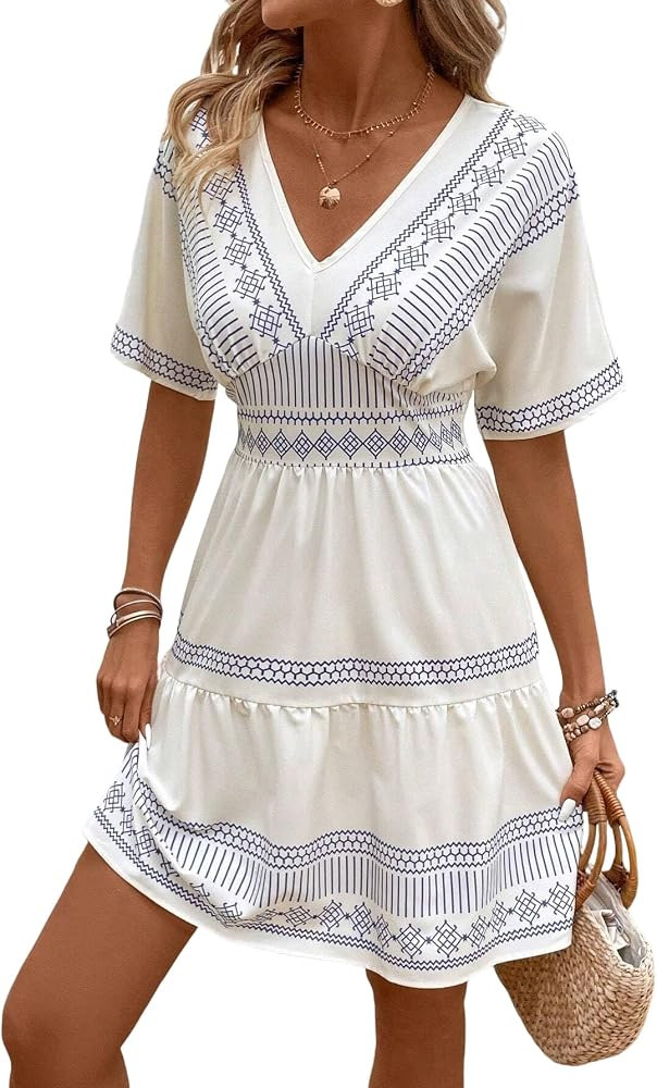 Urchics Summer Dress Women's Vacation V-Neck Floral Print Ruffle Hem Short Dress, Summer Beach Re... | Amazon (US)