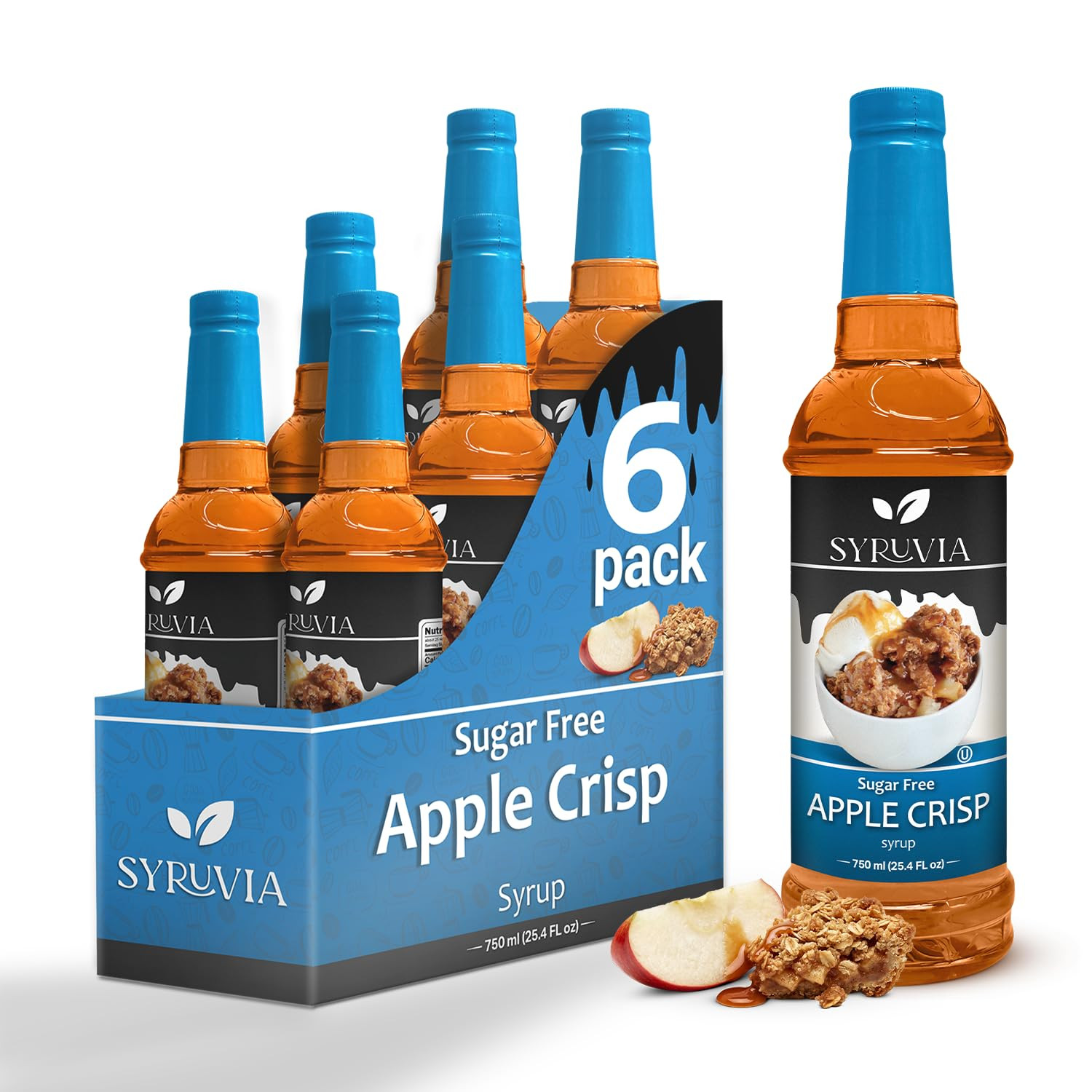Sugar Free Apple Crisp Syrup by Syruvia 6-Pack, 25.4 fl oz, Wholesale Coffee Syrup Shops, Cafes, Baristas, Bistros, & Beverage Bars, Bulk Kosher & Gluten-Free | Amazon (US)