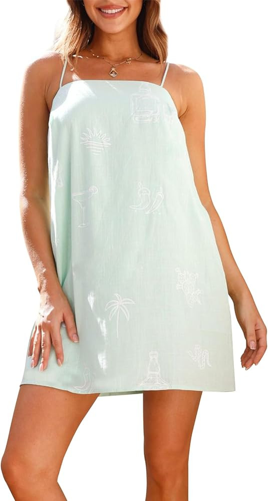 Muineobuka Women Boho Graffiti Cami Mini Dress Spaghetti Strap Colorful Flowy Seashell Fish Print... | Amazon (US)