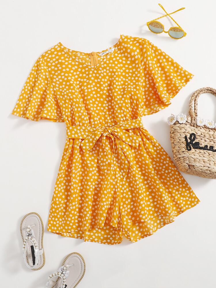 SHEIN Girls Ditsy Floral Flounce Sleeve Belted Romper | SHEIN